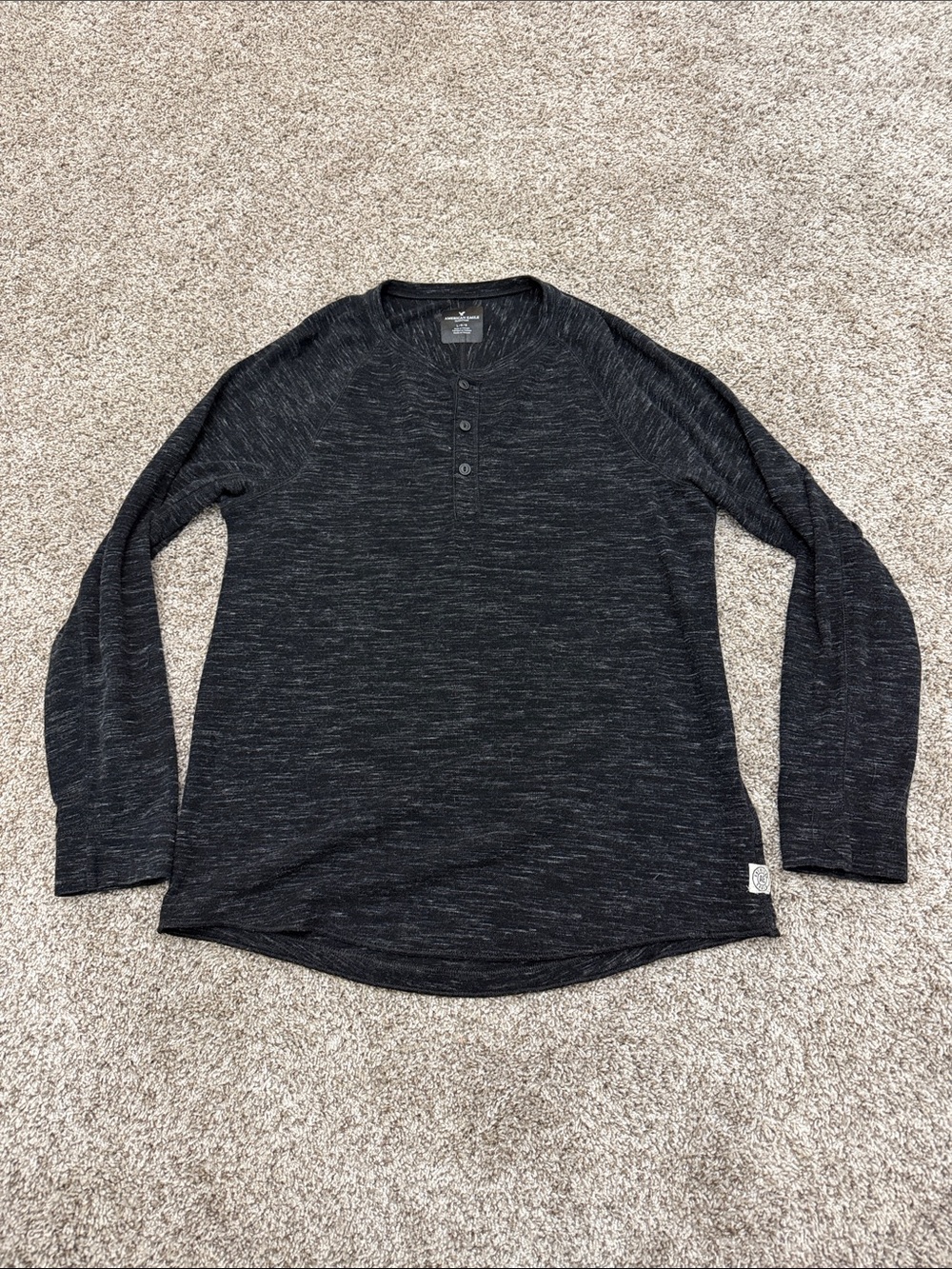 American Eagle Outfitters Men's Black Heather V-Neck Henley Sweater